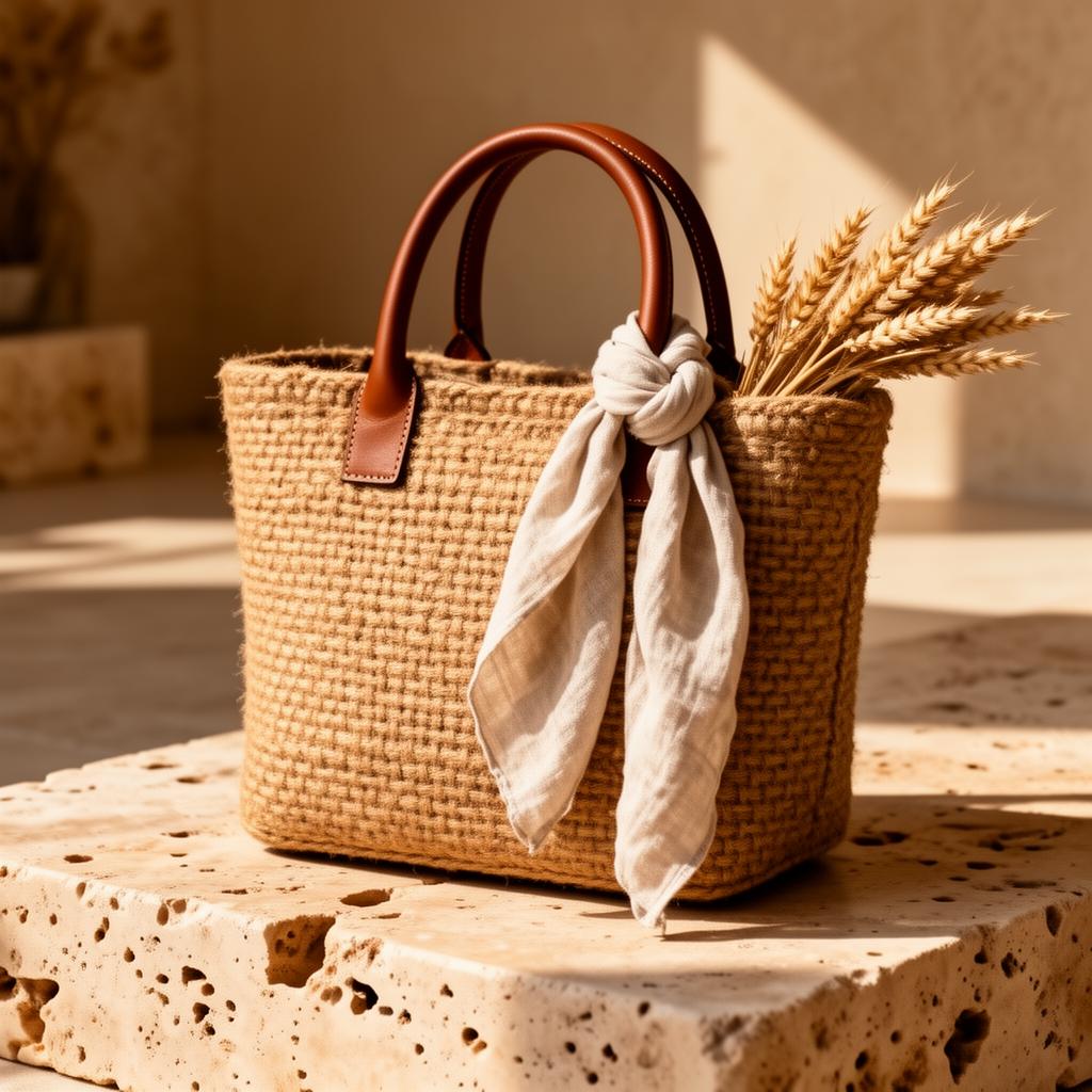 Hand-knotted jute tote with leather handles
