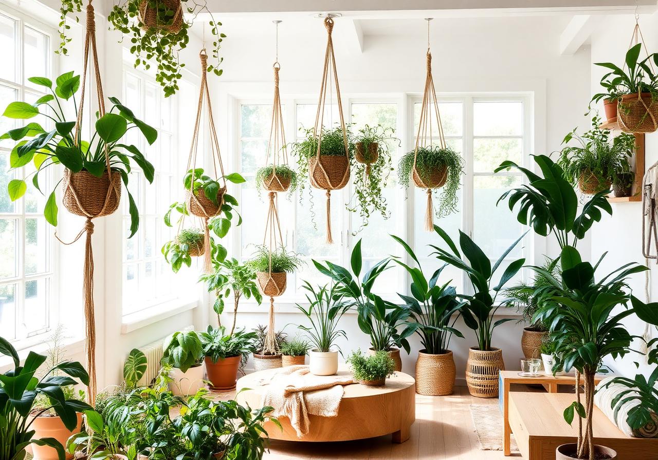 Biophilic interior with hanging plants