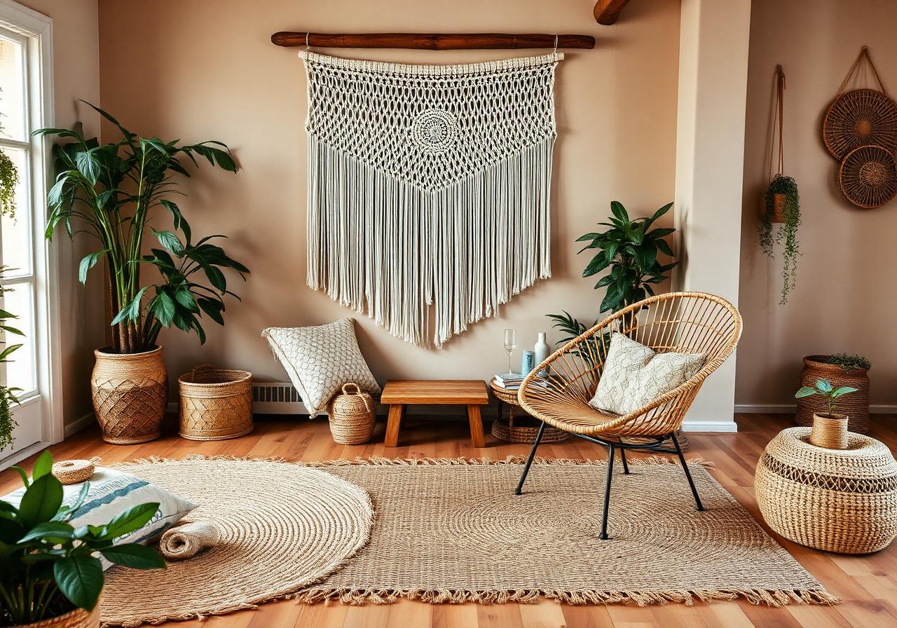 Bohemian interior with macramé and jute